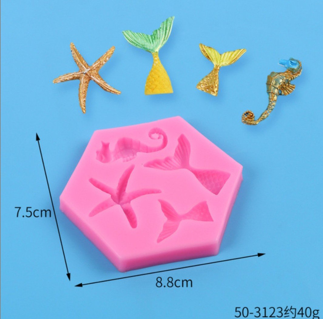 Ocean Theme Mermaid Tail, Starfish and Seahorse Silicone Mold - 8.8cm